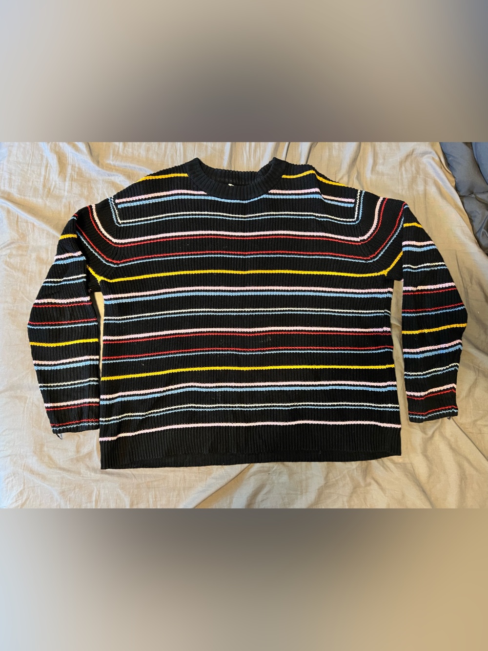 POPSUGAR Black Crewneck Sweater with Multicolor Stripes